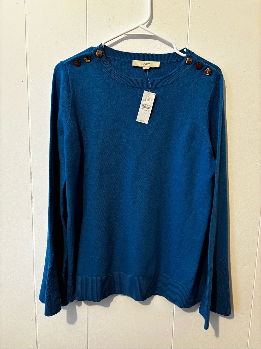LOFT Teal Blue Crewneck Sweater with Shoulder Buttons